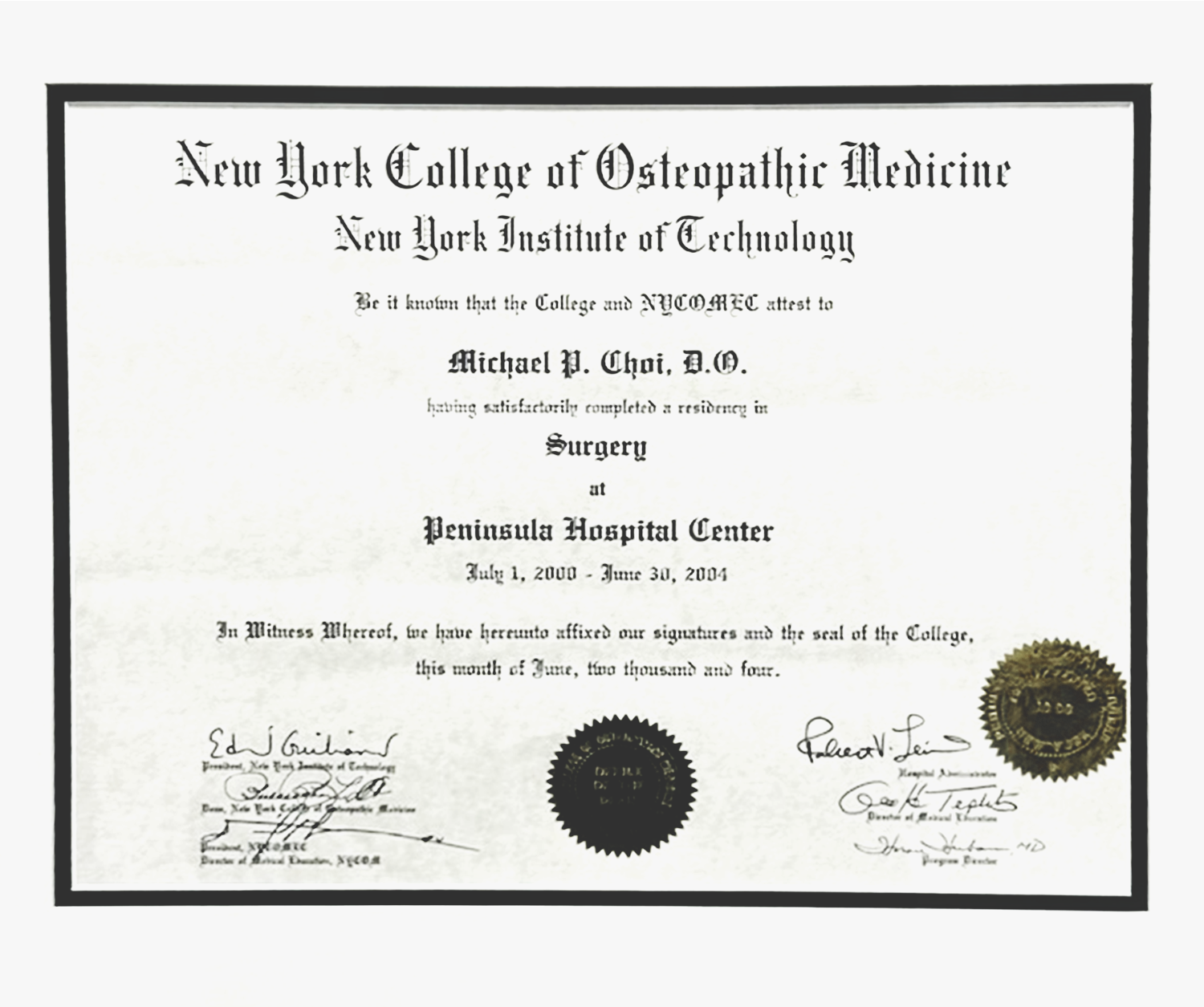 New York College of Osteopathic Medicine Certificate - Dr. Michael Choi
