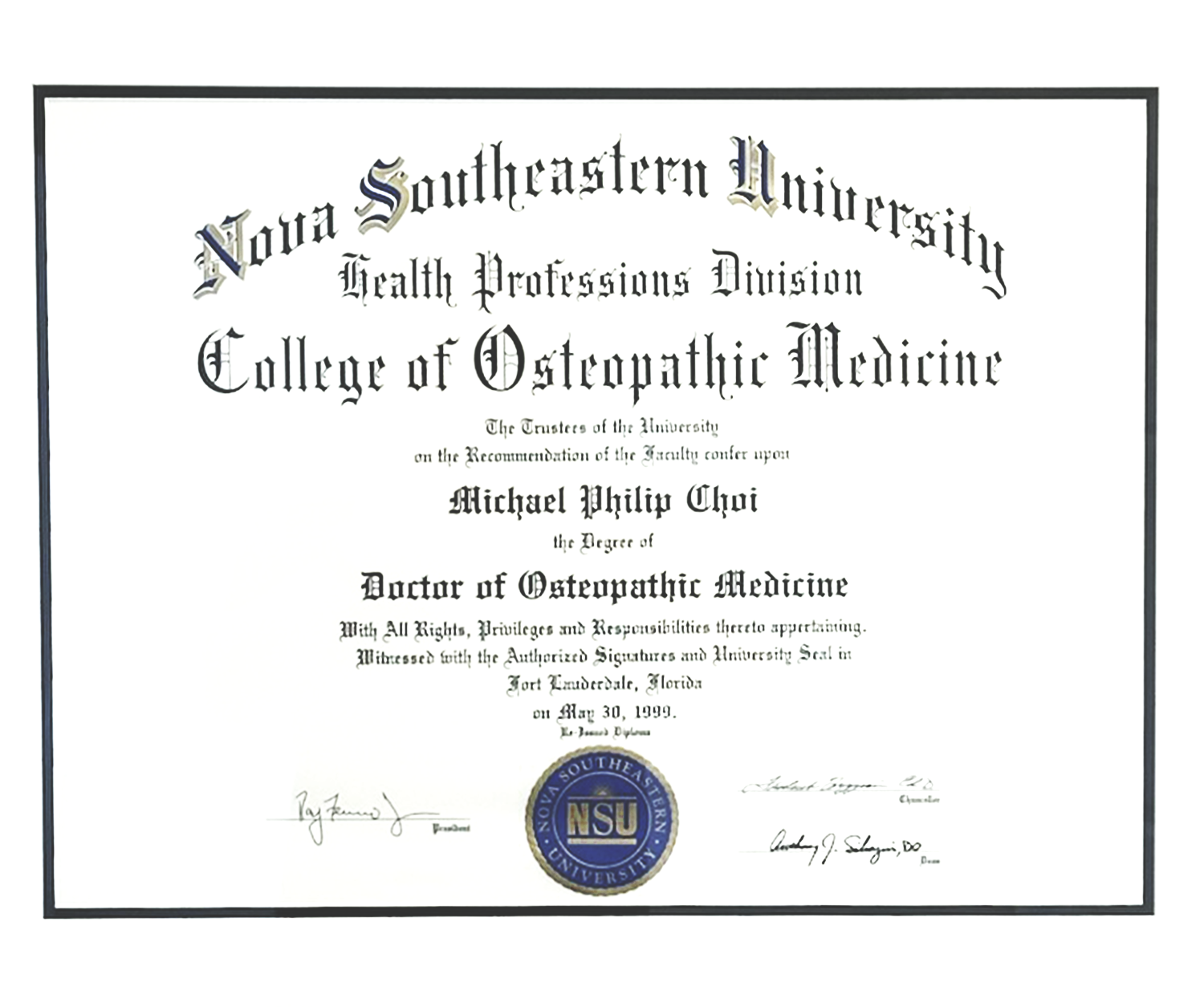 Nova Southeastern University Certificate - Dr. Michael Choi